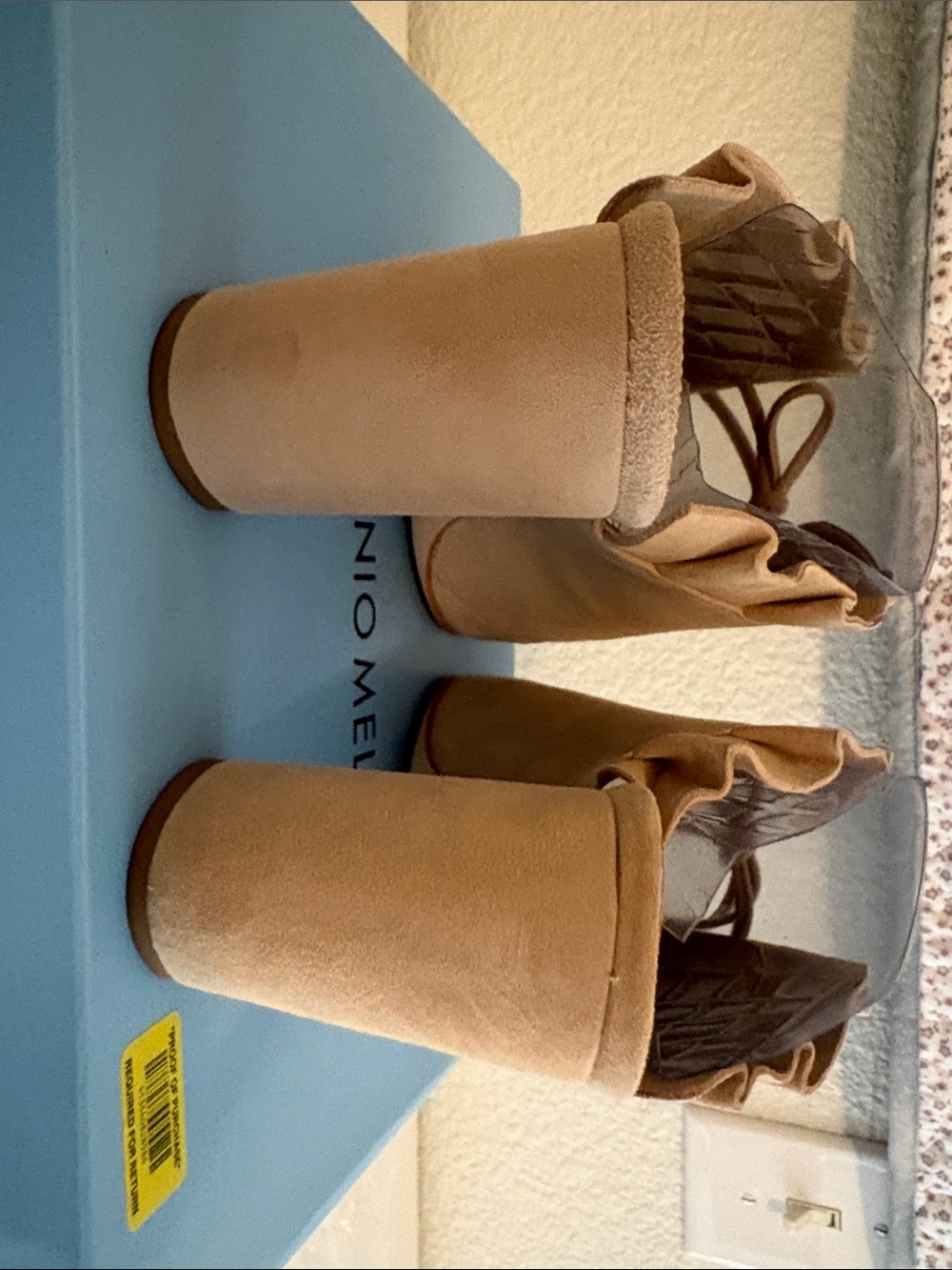 ANTONIO MELANI Tan Ruffle Peep-Toe Block Heels with Front Tie Detail - Picture 5 of 8